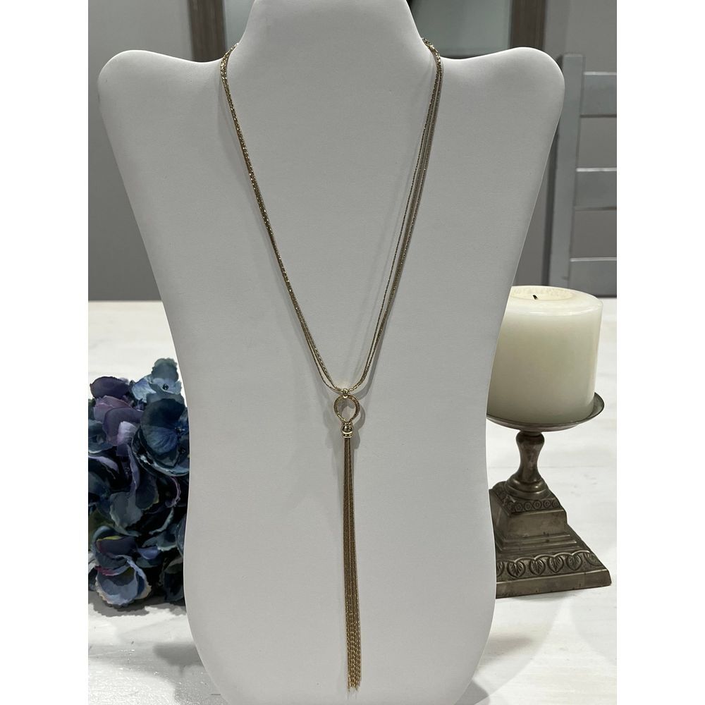 Gold‎ tone long adjustable Y necklace with tassel pendant